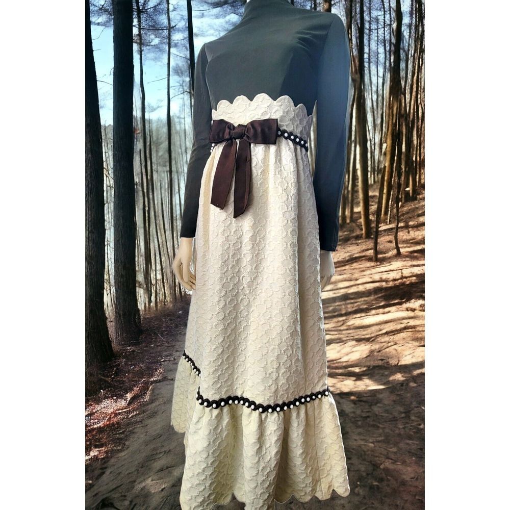 Vintage Kiki Hart 60's Maxi Dress Textured With Braid Trim And Brown Top With... - Picture 6 of 16